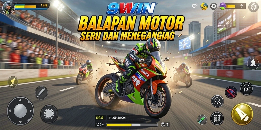 Screenshot menunjukkan gameplay balapan motor yang seru dan dramatis.