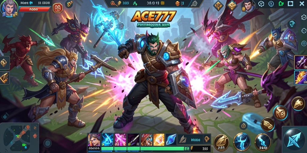Screenshot gameplay ACE777 yang menunjukkan aksi pertempuran MOBA yang intens.