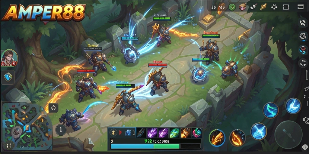 Tampilan aksi seru dalam gameplay MOBA AMPER88.