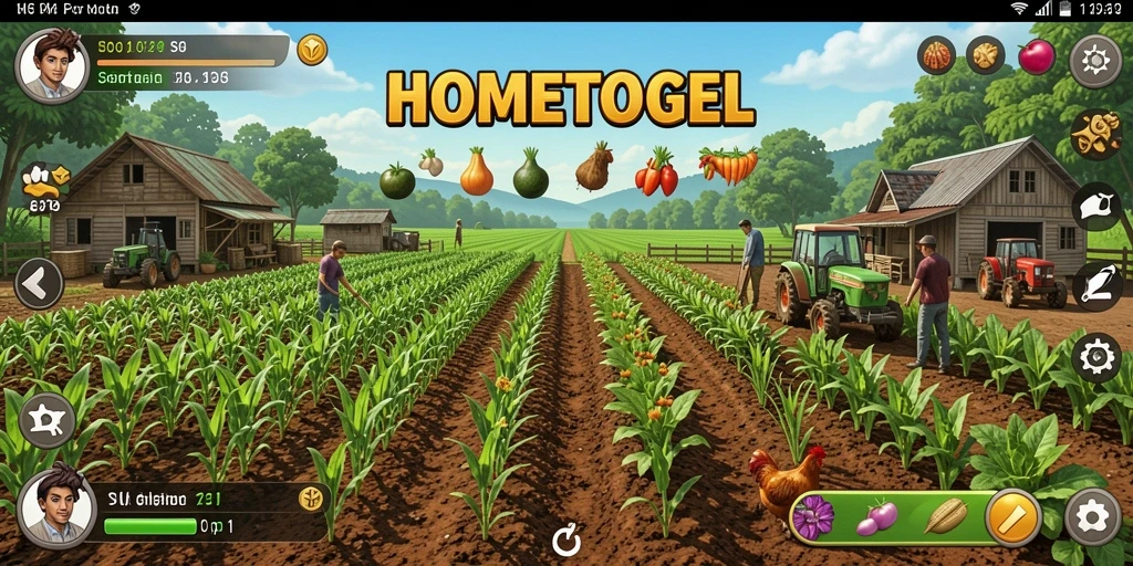 Tampilan gameplay HOMETOGEL dengan aktivitas pertanian yang seru.