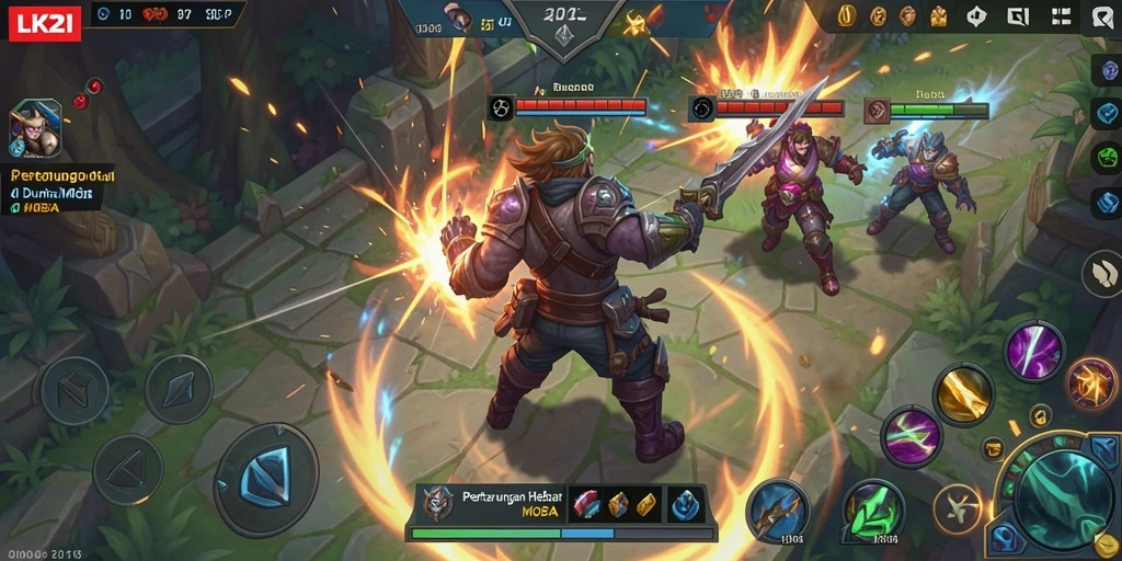 Tampilan gameplay seru dengan aksi pertarungan hero MOBA yang memukau.