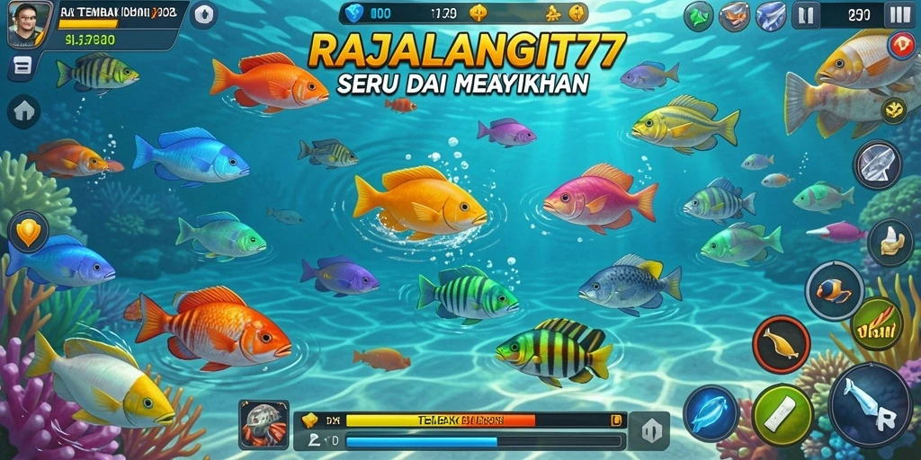 Tampilan gameplay seru dalam RAJALANGIT77, menembak ikan dengan berbagai senjata.