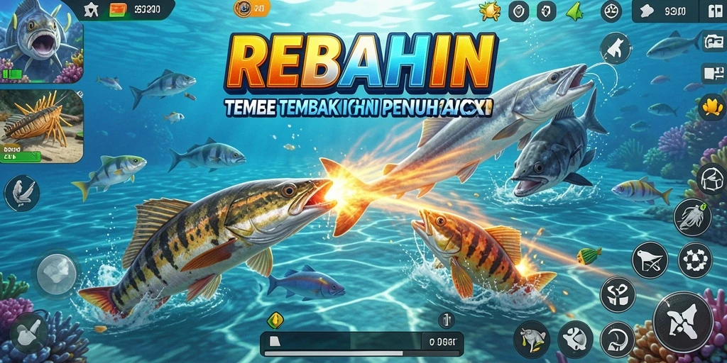 Tangkapan layar gameplay seru dalam REBAHIN, menembak ikan di lautan.