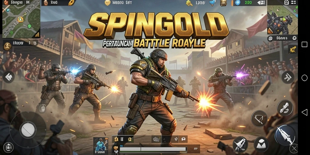 Screenshot menunjukkan aksi seru di arena Battle Royale SPINGOLD.